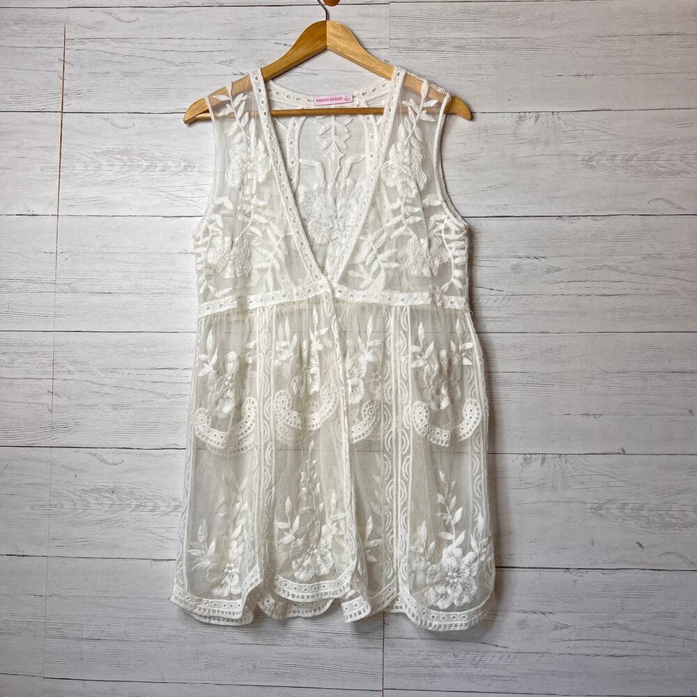 Parami Design Kimono Womens Size Large White Floral Sheer Cardigan Coverup Vest